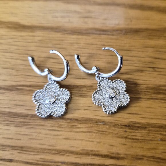 Sterling Silver CZ Floral Dangle Earrings 925 LOFT Micro‑pavé Office Siren Luxur - Picture 3 of 7